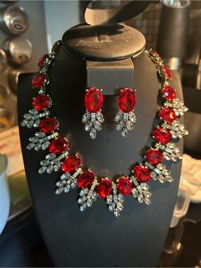 Red Crystal Statement Necklace and Earrings - Fashion Jewelry